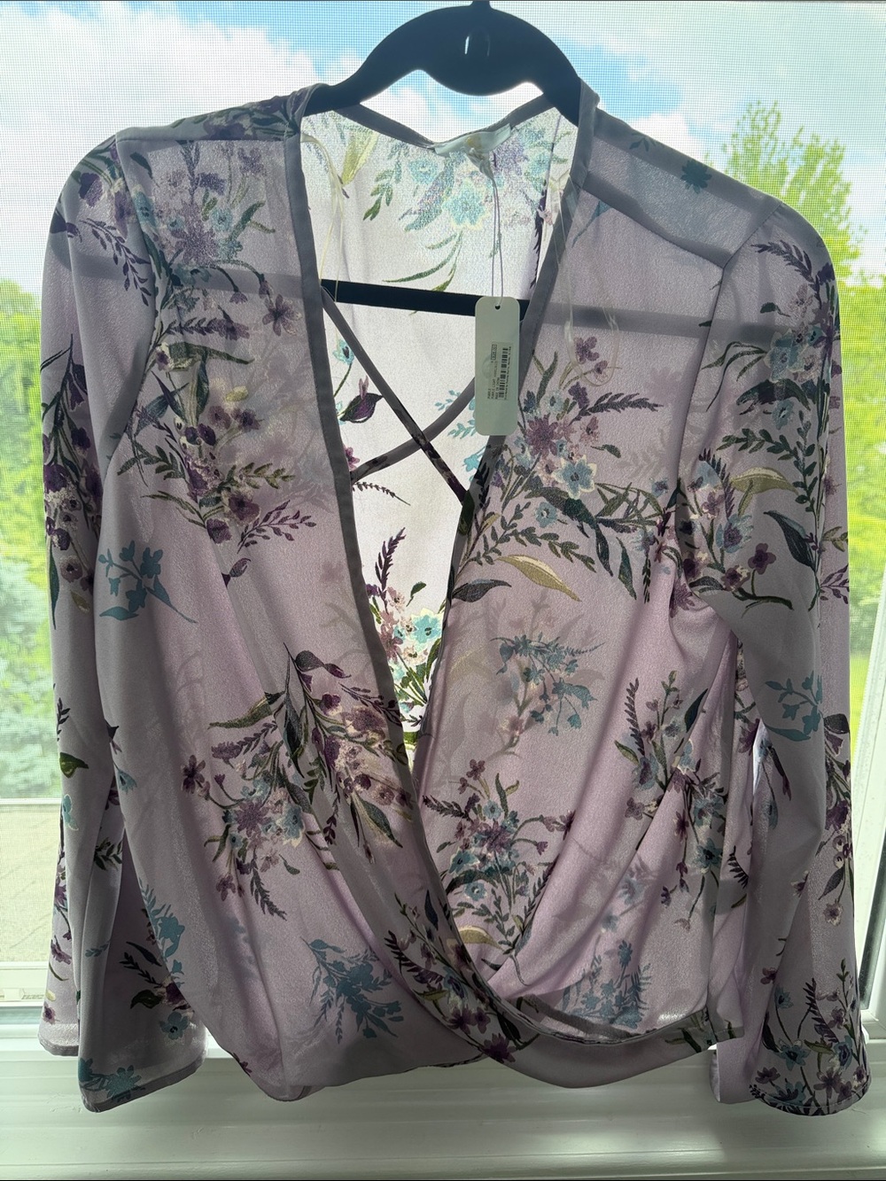 Charming Charlie Lavender Floral Wrap Blouse